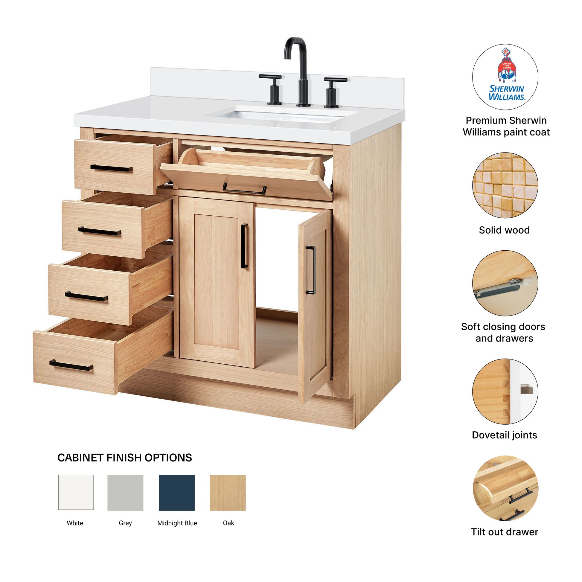 Isabella 36-Inch White Oak bathroom vanity – feature highlights: solid wood frame, soft-close doors and drawers, Sherwin-Williams paint finish
