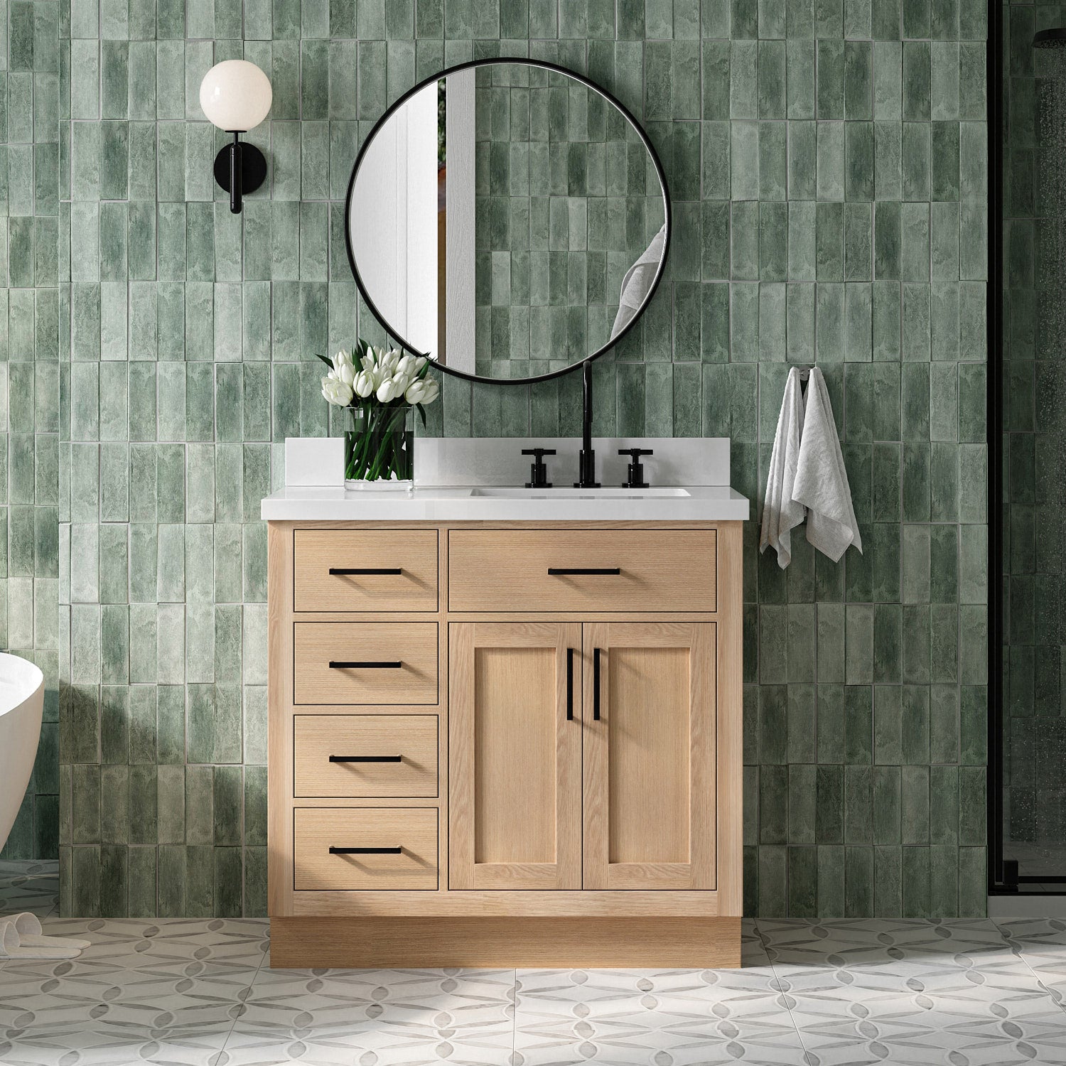 Isabella 36-Inch White Oak bathroom vanity in styled bathroom setting