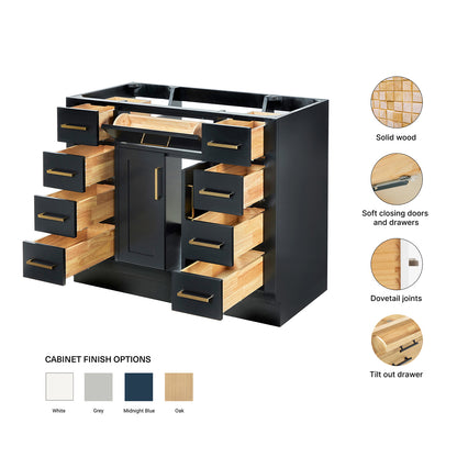 Isabella 42-inch Black base cabinet on feature highlights: solid wood frame, soft-close doors and drawers, Sherwin-Williams paint finish