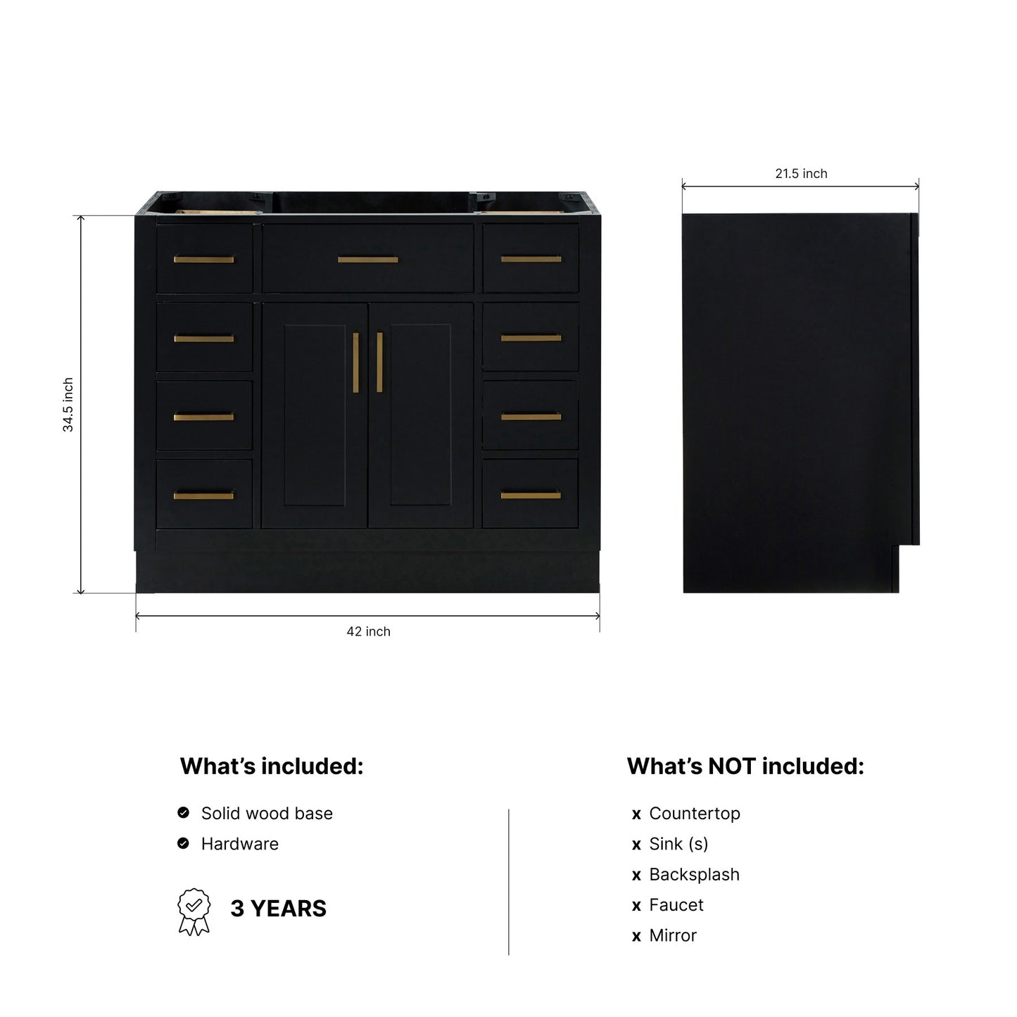 Isabella 42-inch Black base cabinet on dimensions