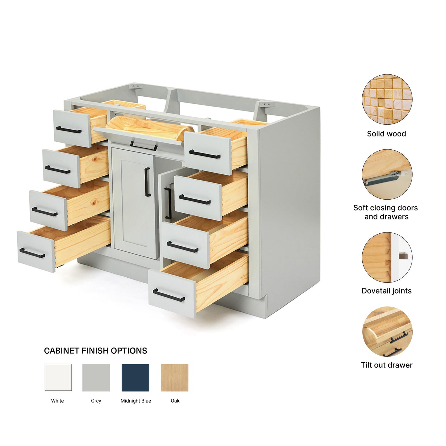 Isabella 42-inch Grey base cabinet on feature highlights: solid wood frame, soft-close doors and drawers, Sherwin-Williams paint finish