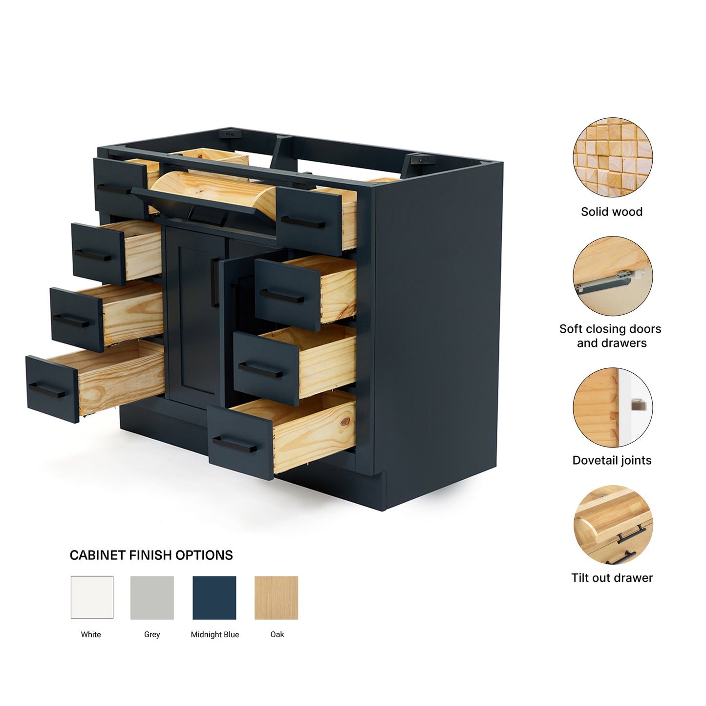 Isabella 42-inch Midnight Blue base cabinet on feature highlights: solid wood frame, soft-close doors and drawers, Sherwin-Williams paint finish