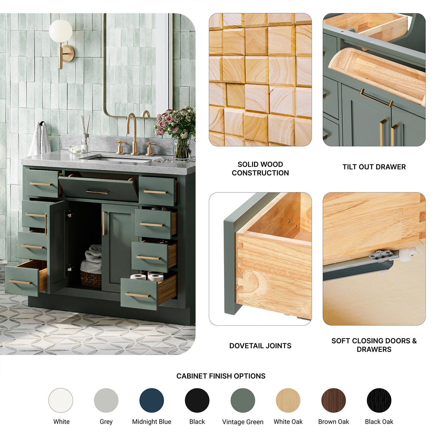 Isabella 42-inch Vintage Green base cabinet on feature highlights: solid wood frame, soft-close doors and drawers, Sherwin-Williams paint finish