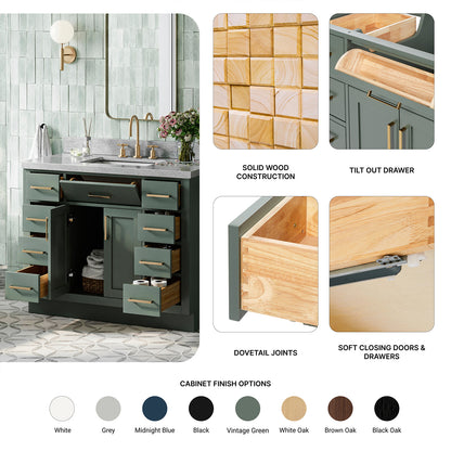 Isabella 42-inch Vintage Green base cabinet on feature highlights: solid wood frame, soft-close doors and drawers, Sherwin-Williams paint finish