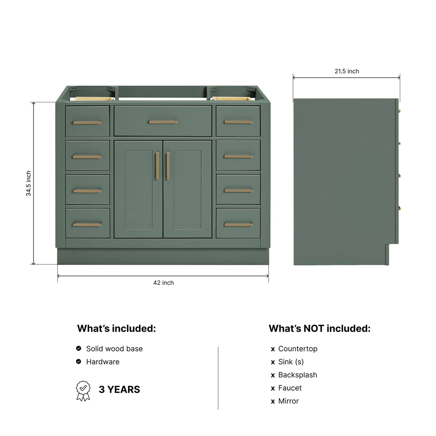 Isabella 42-inch Vintage Green base cabinet on dimensions