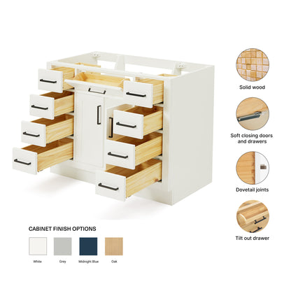Isabella 42-inch White base cabinet on feature highlights: solid wood frame, soft-close doors and drawers, Sherwin-Williams paint finish