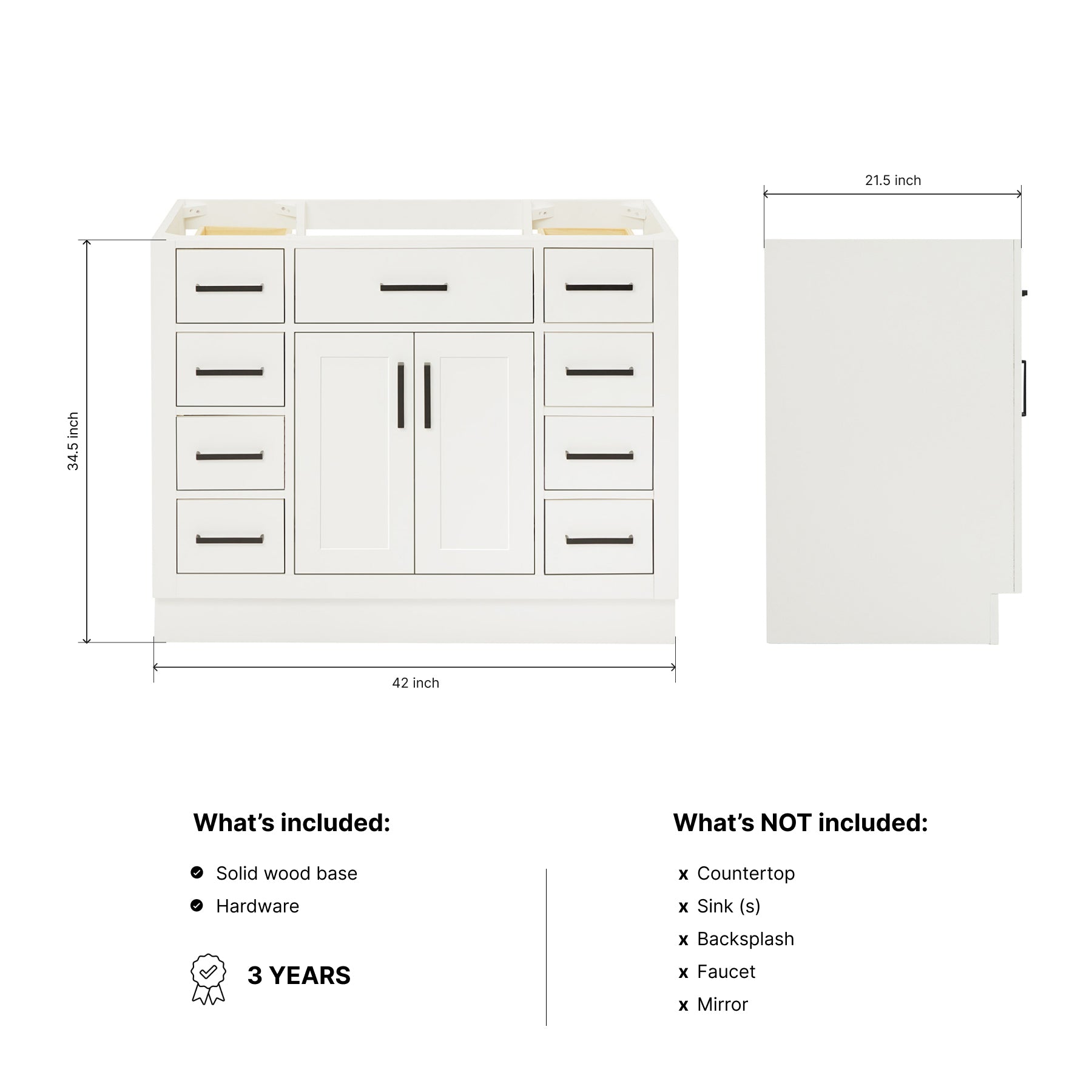 Isabella 42-inch White base cabinet on dimensions