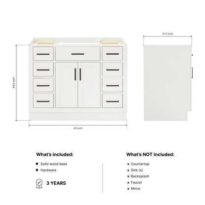 Isabella 42-inch White base cabinet on dimensions