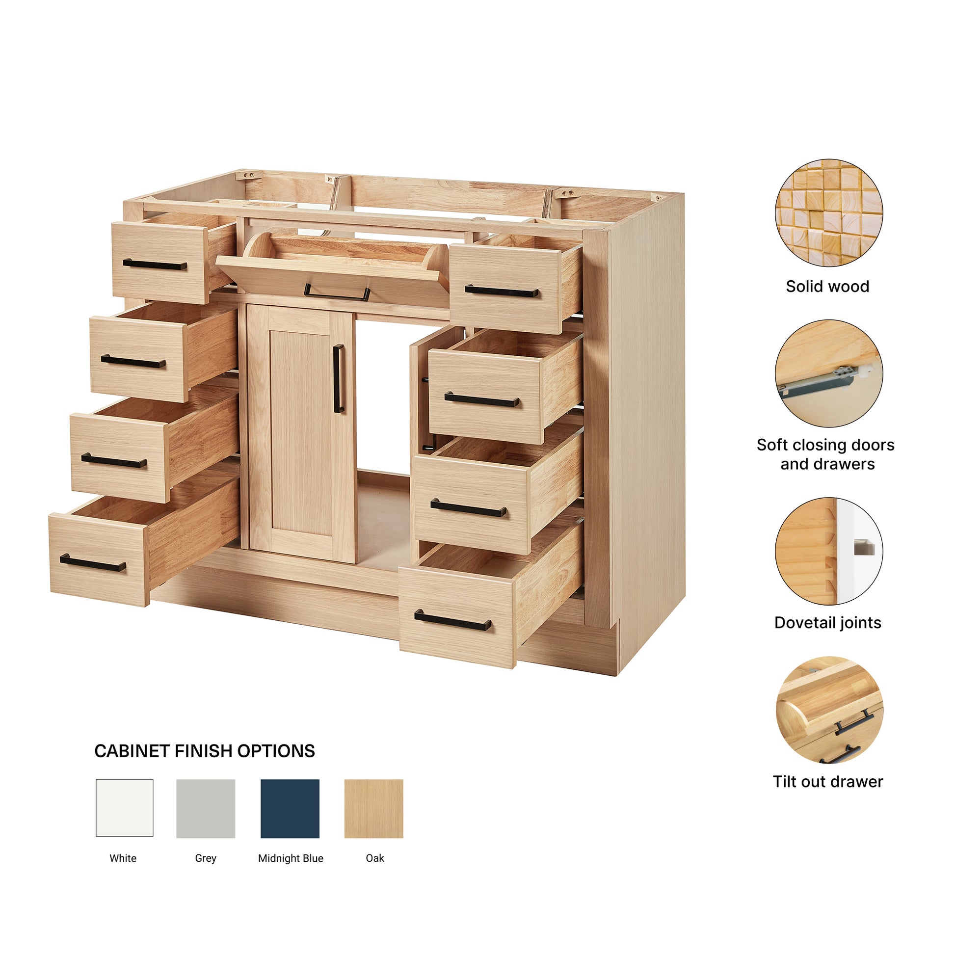 Isabella 42-inch Natural Oak base cabinet on feature highlights: solid wood frame, soft-close doors and drawers, Sherwin-Williams paint finish