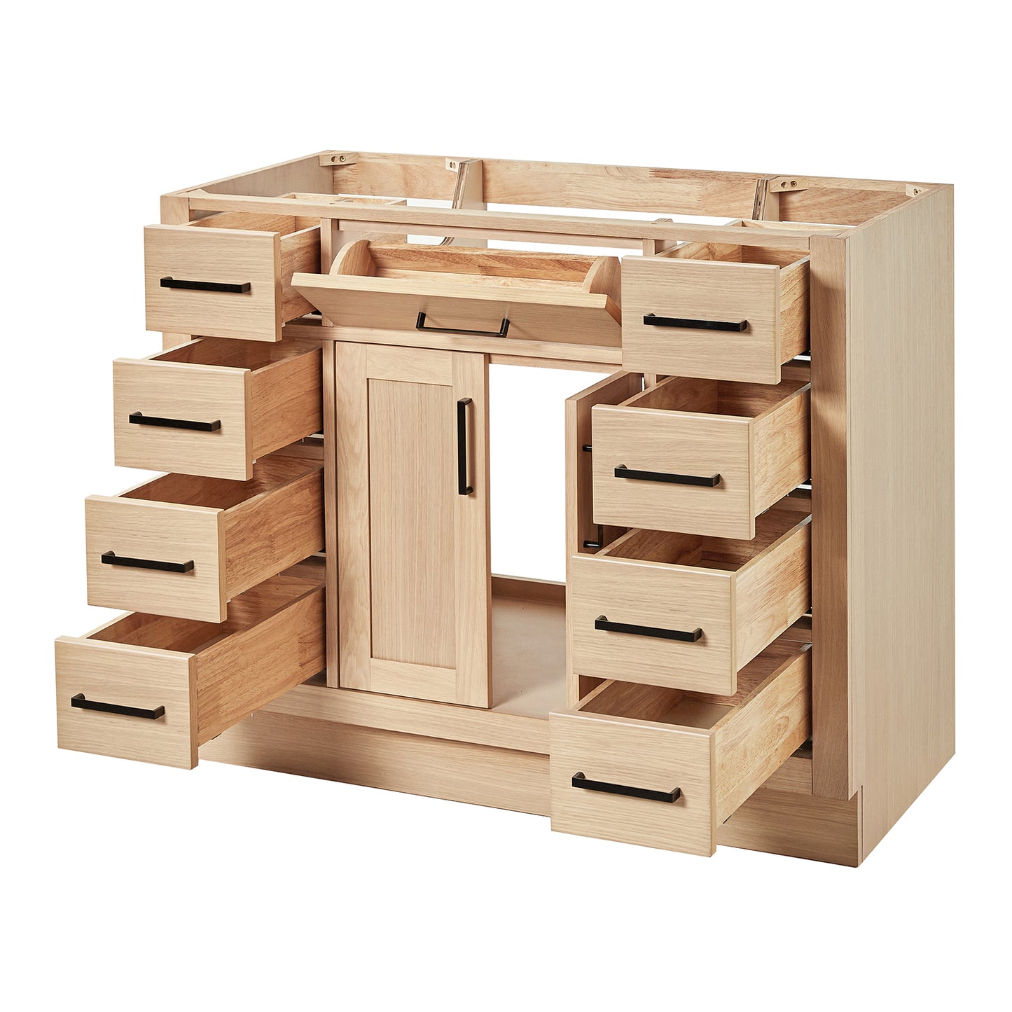 Isabella 42-inch Natural Oak base cabinet on white back ground side view open door