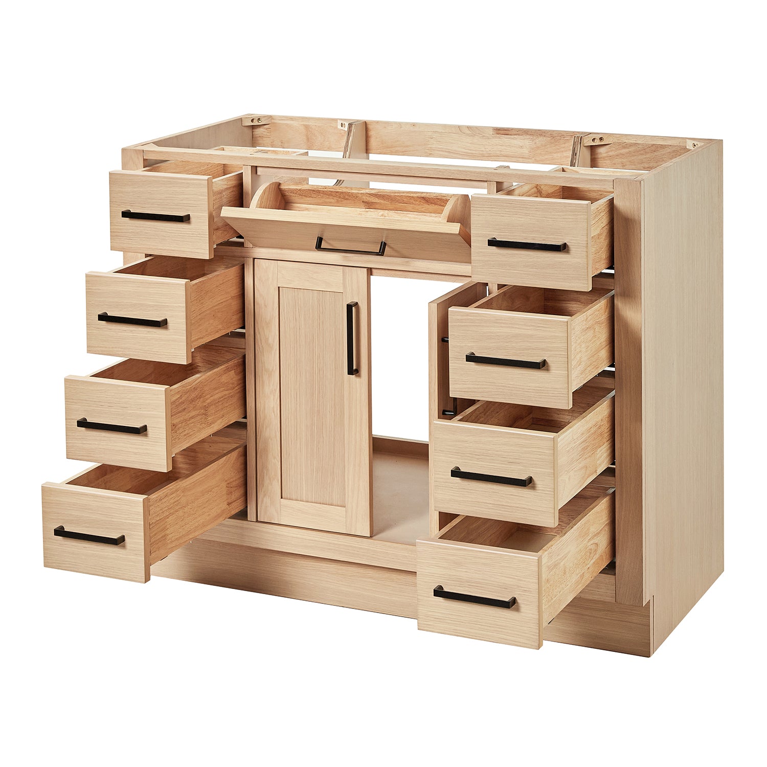 Isabella 42-inch Natural Oak base cabinet on white back ground side view open door