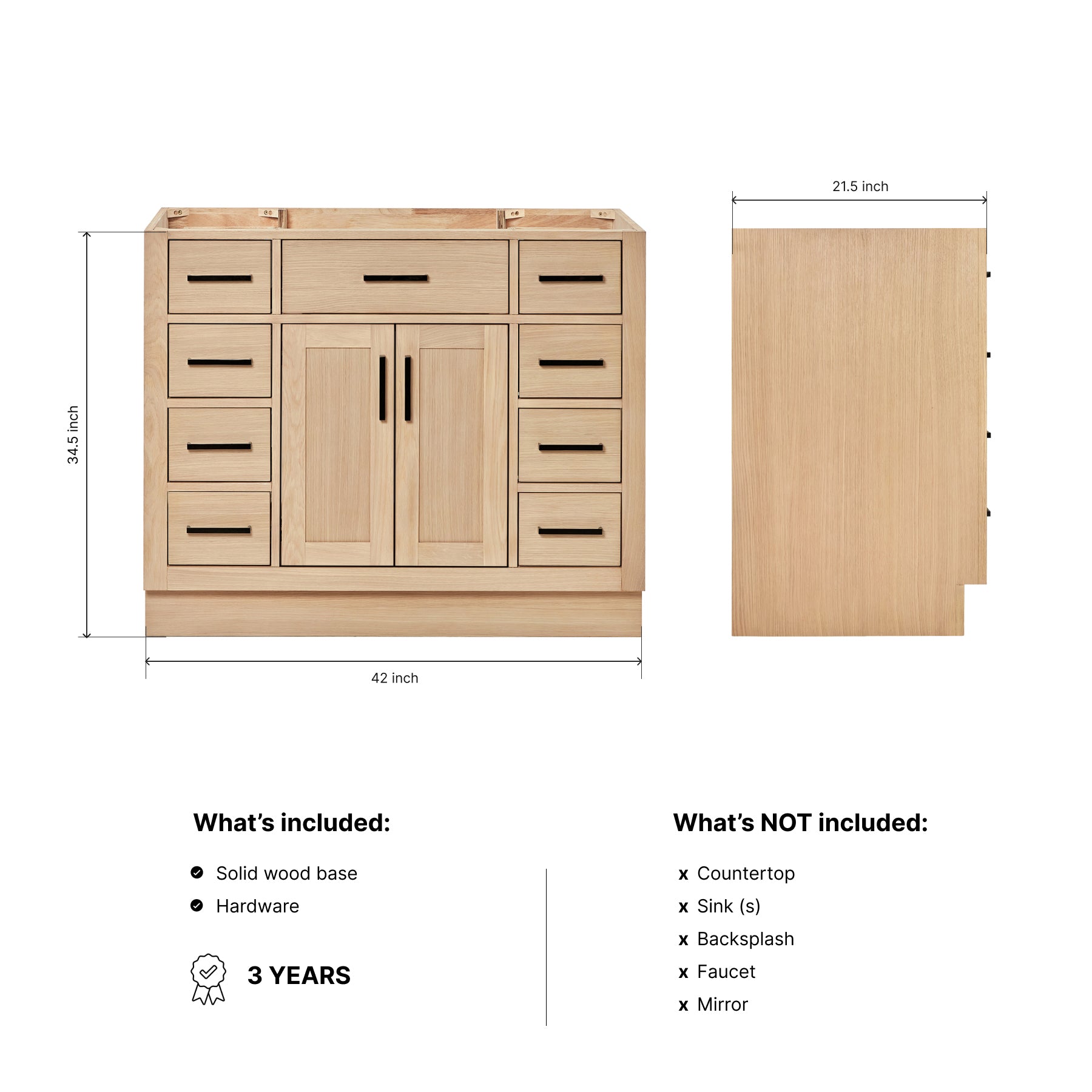 Isabella 42-inch Natural Oak base cabinet on dimensions