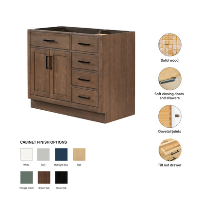 Isabella 42-inch Brown Oak base cabinet on feature highlights: solid wood frame, soft-close doors and drawers, Sherwin-Williams paint finish
