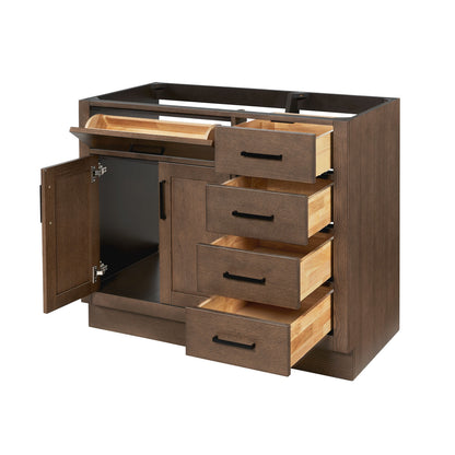 Isabella 42-inch Brown Oak base cabinet on white back ground side view open door