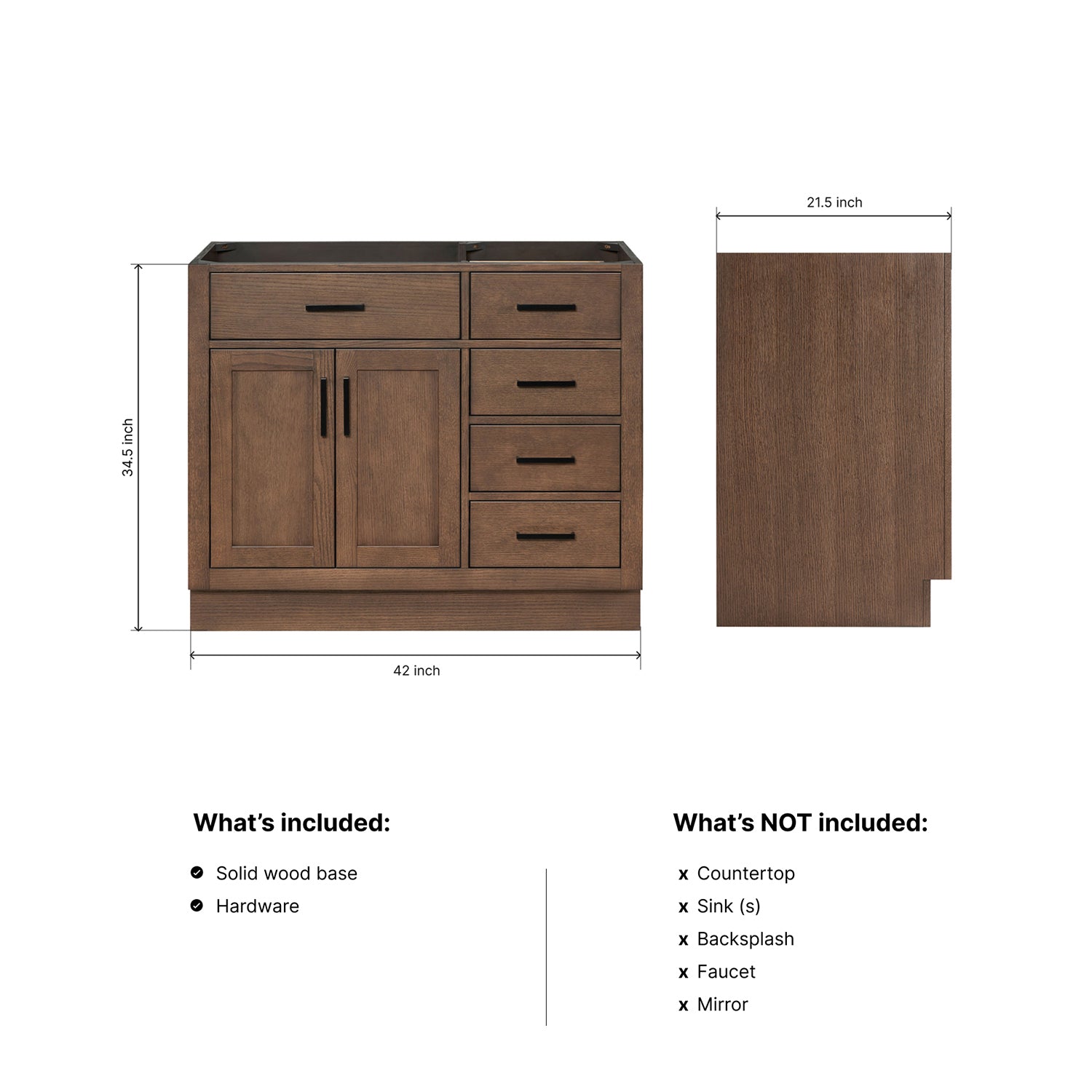 Isabella 42-inch Brown Oak base cabinet on dimensions
