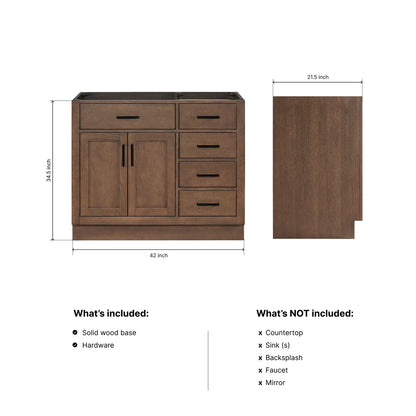 Isabella 42-inch Brown Oak base cabinet on dimensions