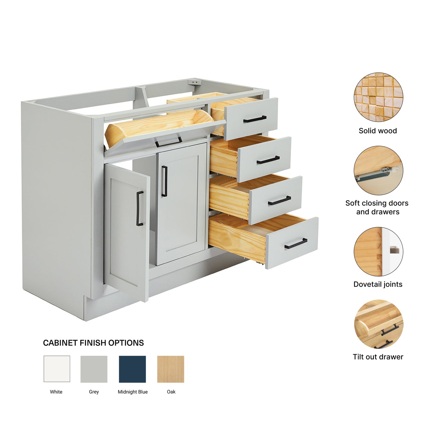 Isabella 42-inch Grey base cabinet on feature highlights: solid wood frame, soft-close doors and drawers, Sherwin-Williams paint finish