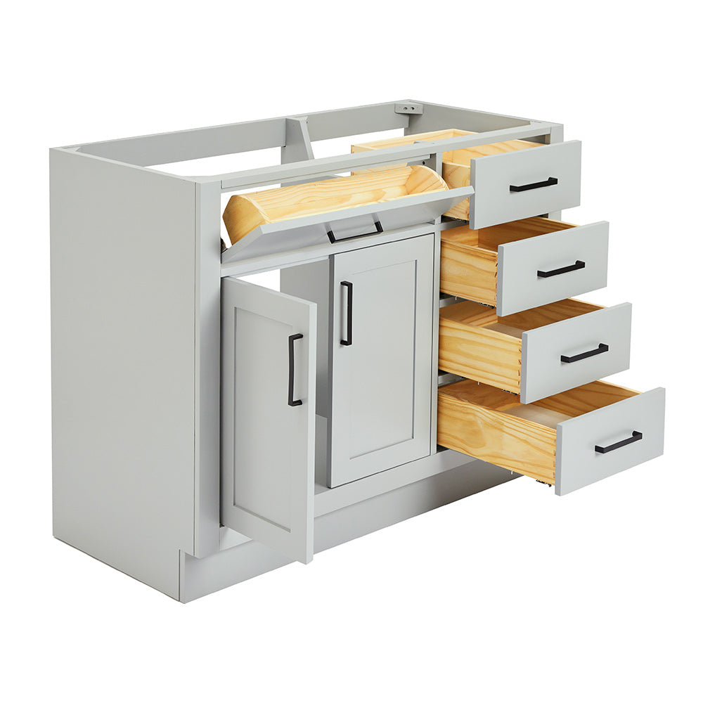 Isabella 42-inch Grey base cabinet on white back ground side view open door