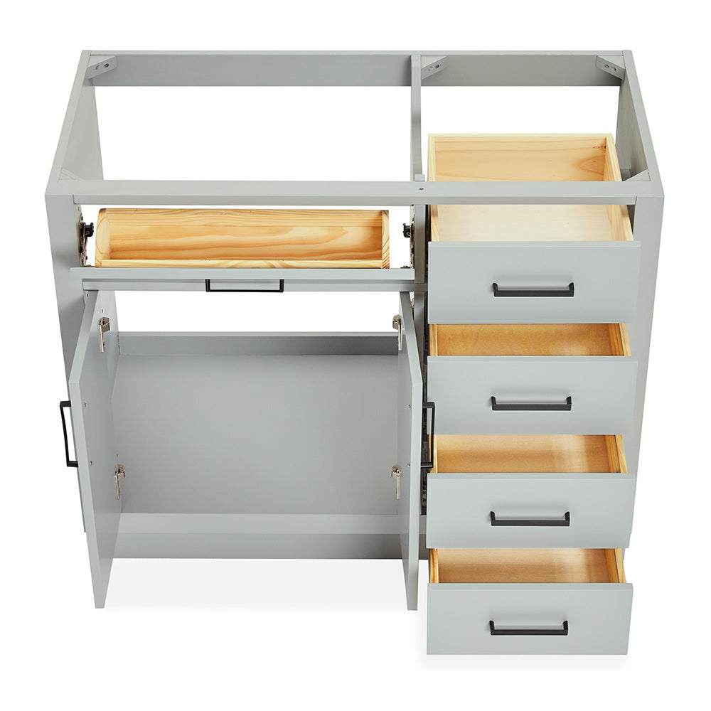 Isabella 42-inch Grey base cabinet on white back ground front view open door