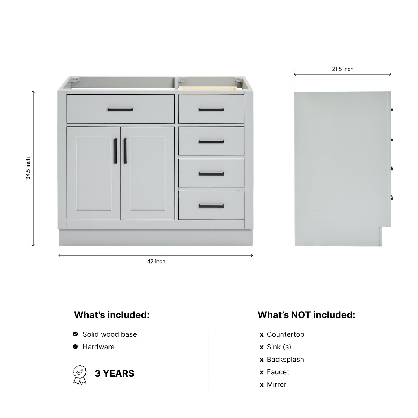Isabella 42-inch Grey base cabinet on dimensions