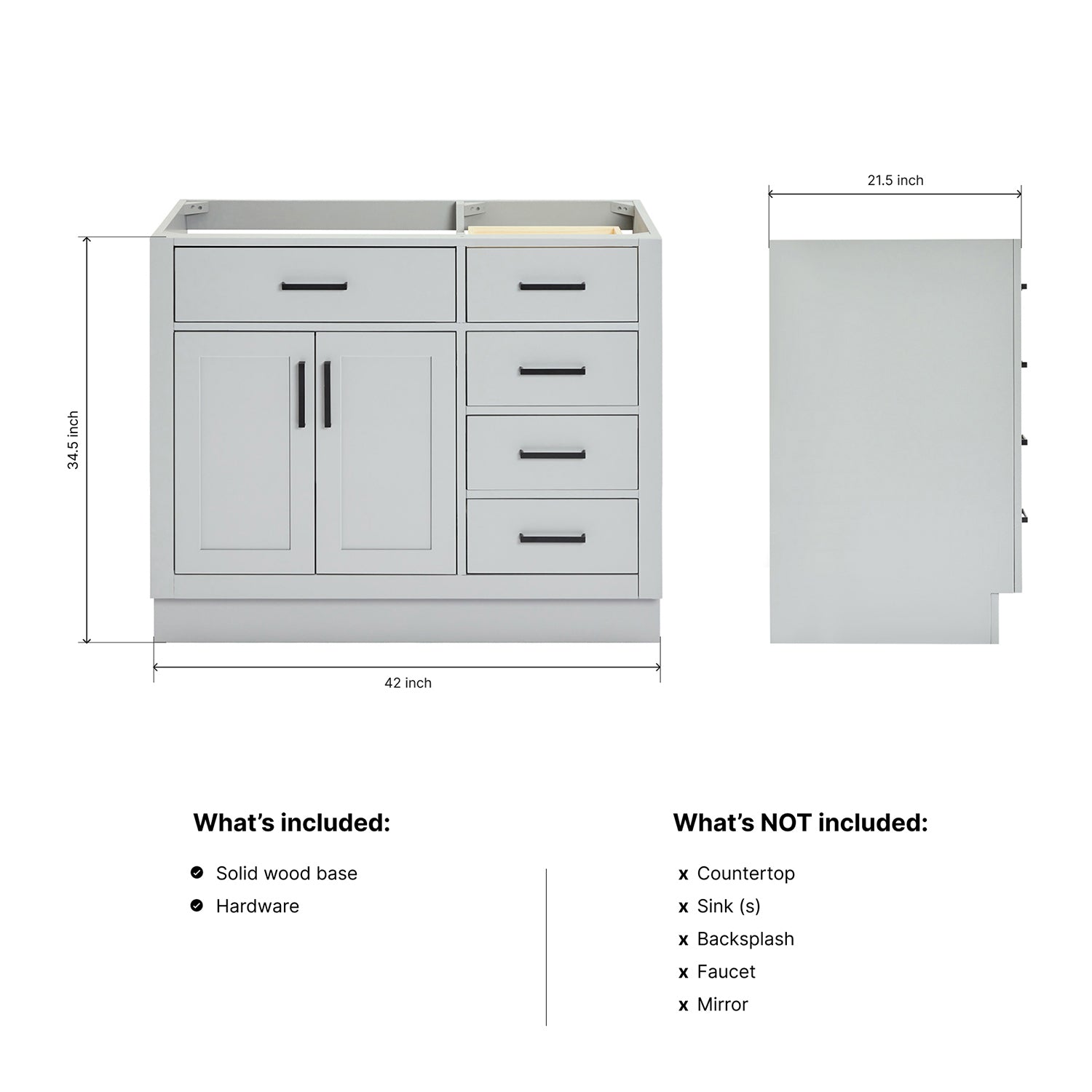 Isabella 42-inch Grey base cabinet on dimensions