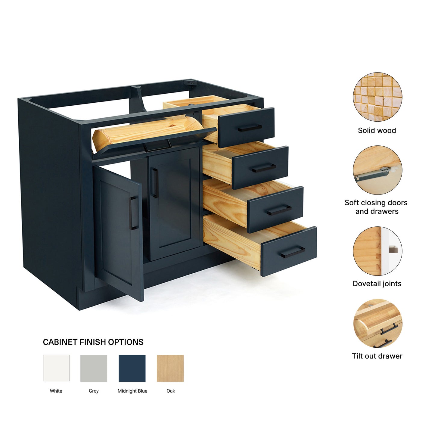 Isabella 42-inch Midnight Blue base cabinet on feature highlights: solid wood frame, soft-close doors and drawers, Sherwin-Williams paint finish