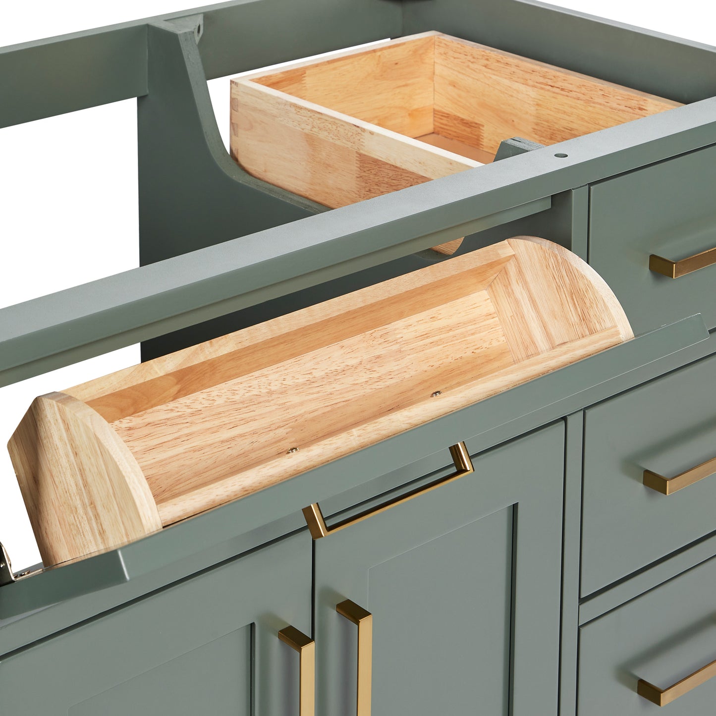 Isabella 42-inch Vintage Green base cabinet on white back ground side view open door
