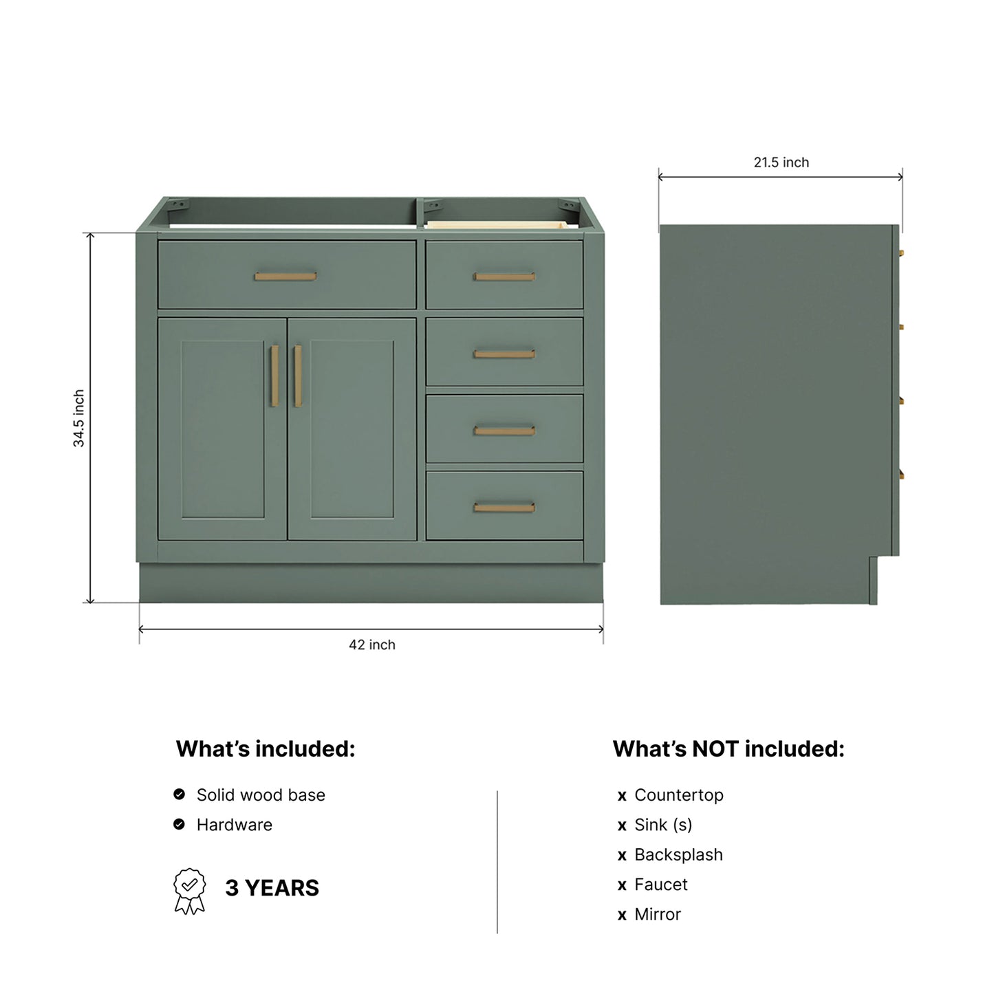 Isabella 42-inch Vintage Green base cabinet on dimensions