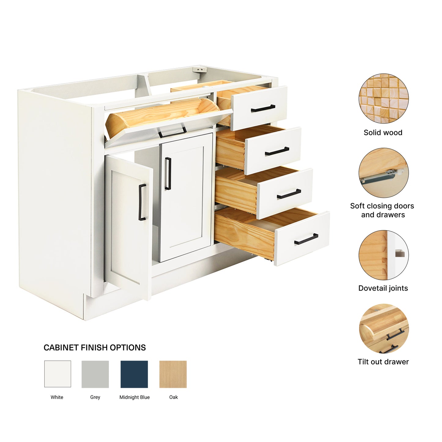Isabella 42-inch White base cabinet on feature highlights: solid wood frame, soft-close doors and drawers, Sherwin-Williams paint finish