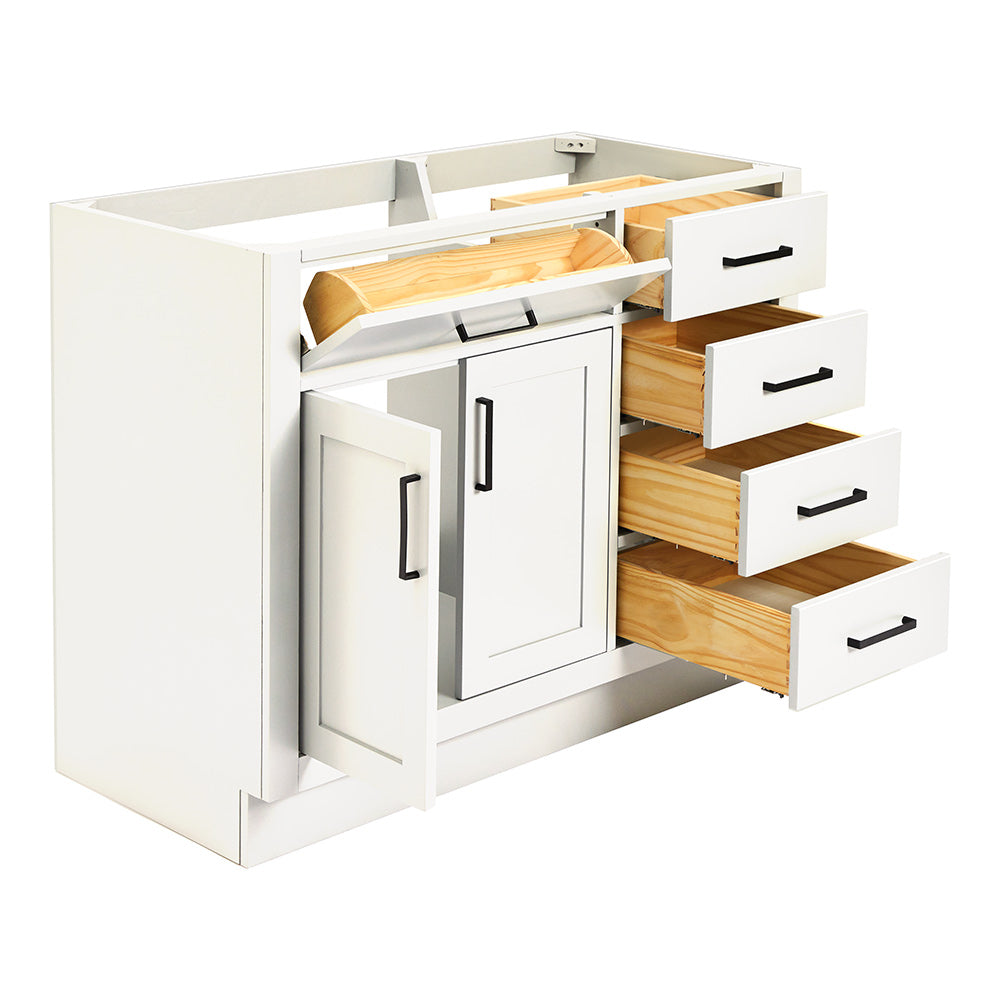 Isabella 42-inch White base cabinet on white back ground side view open door