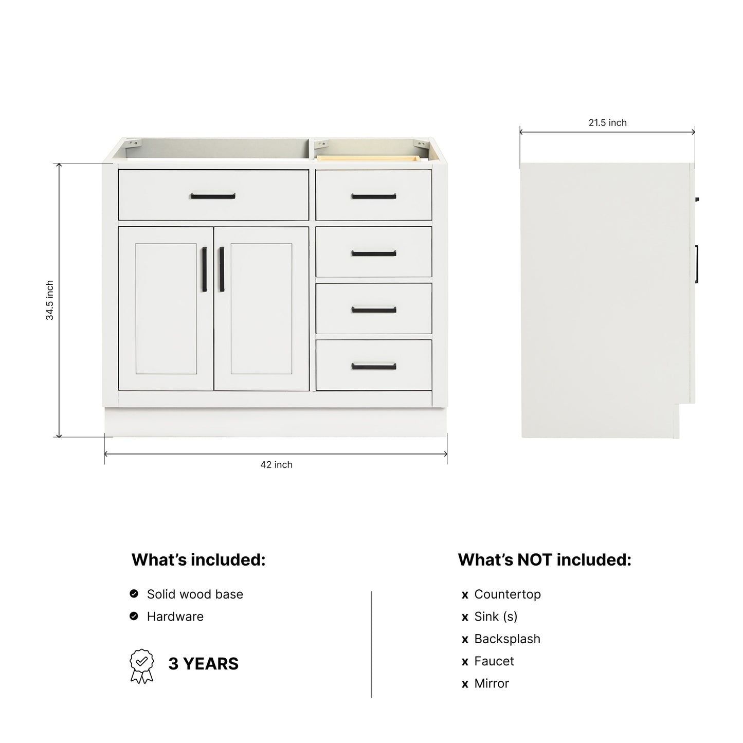 Isabella 42-inch White base cabinet on dimensions