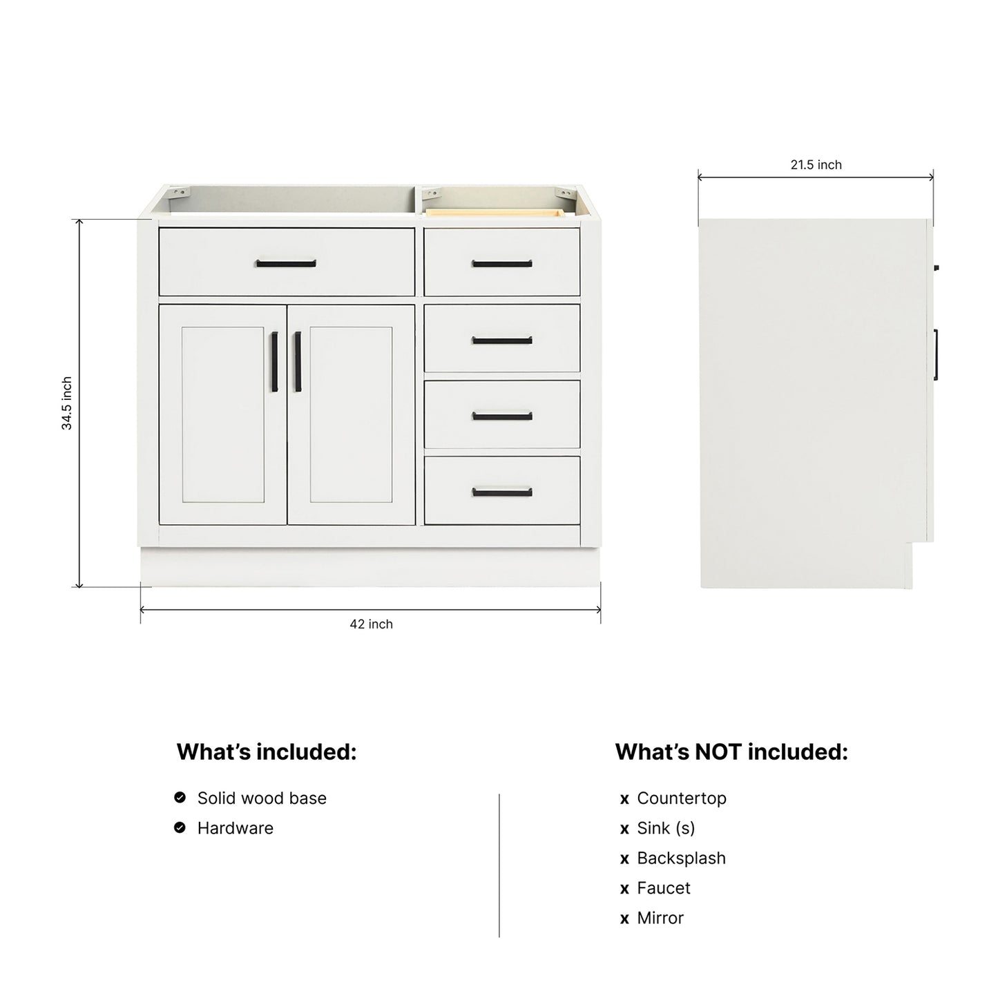 Isabella 42-inch White base cabinet on dimensions