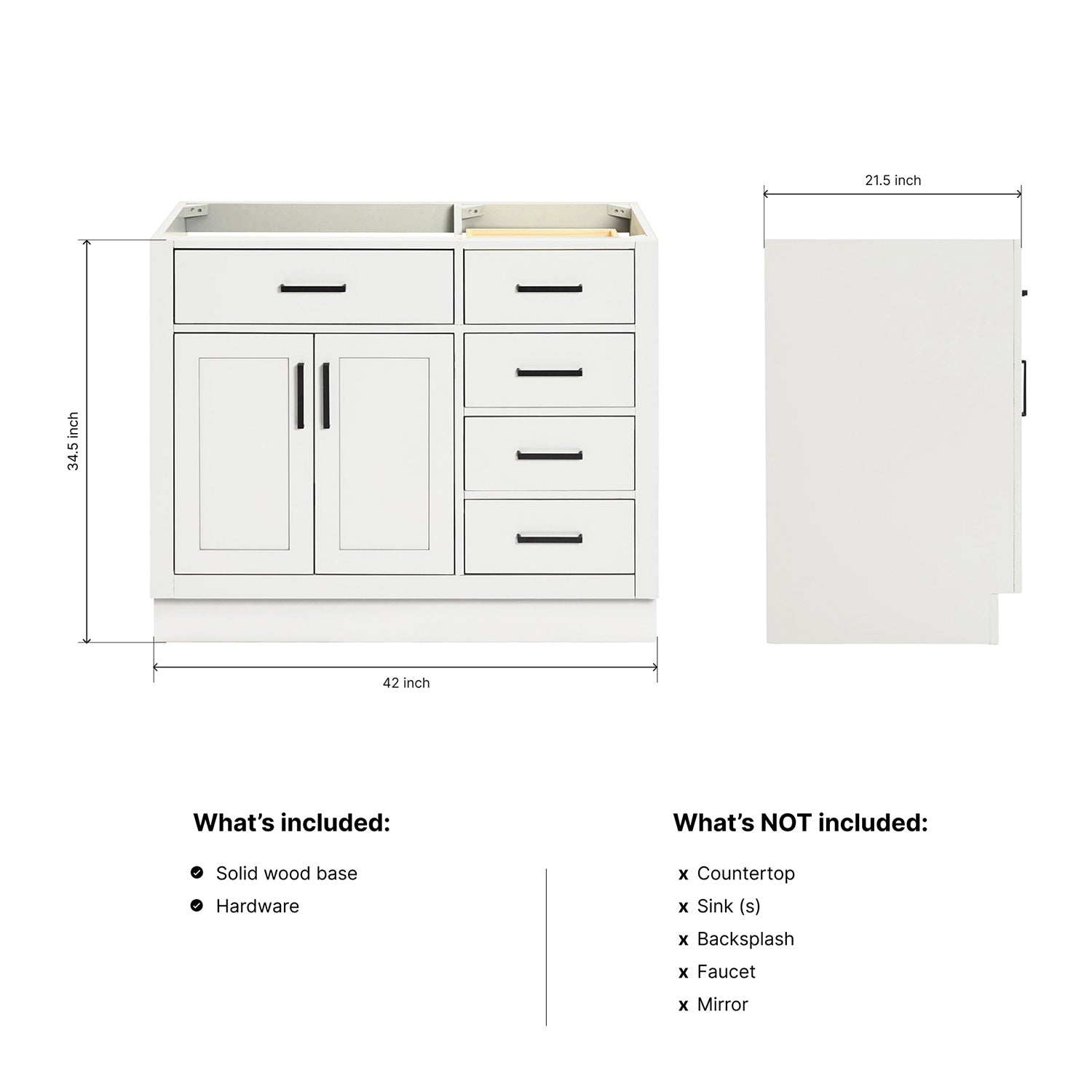 Isabella 42-inch White base cabinet on dimensions