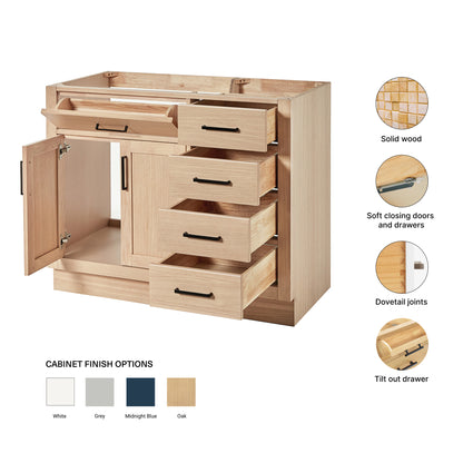 Isabella 42-inch Natural Oak base cabinet on feature highlights: solid wood frame, soft-close doors and drawers, Sherwin-Williams paint finish