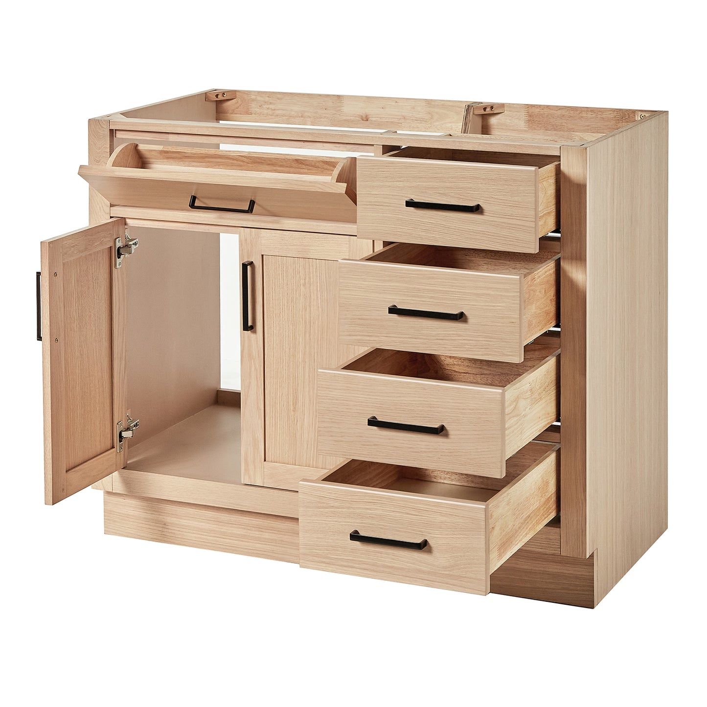Isabella 42-inch Natural Oak base cabinet on white back ground side view open door