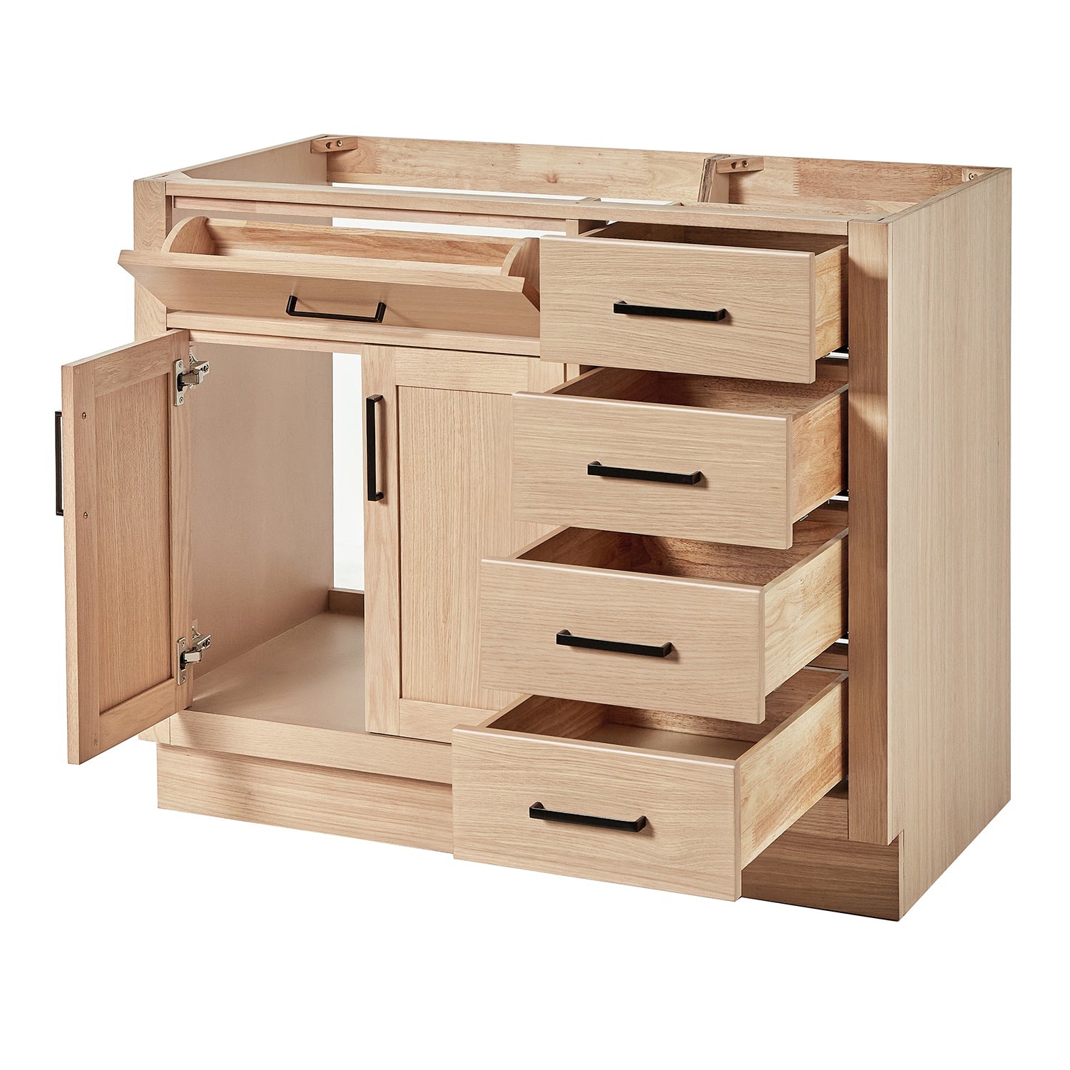 Isabella 42-inch Natural Oak base cabinet on white back ground side view open door