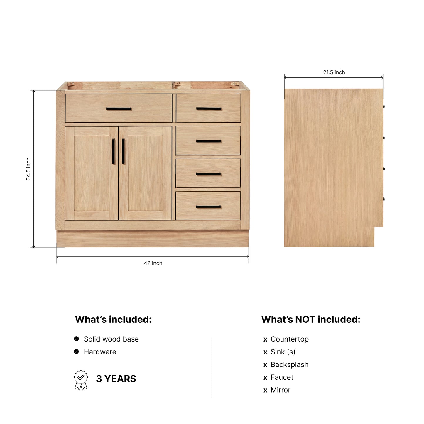Isabella 42-inch Natural Oak base cabinet on dimensions