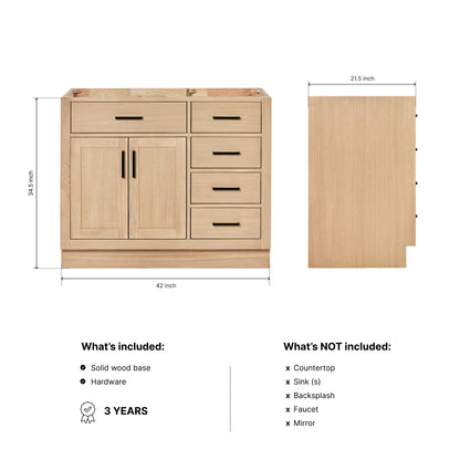 Isabella 42-inch Natural Oak base cabinet on dimensions