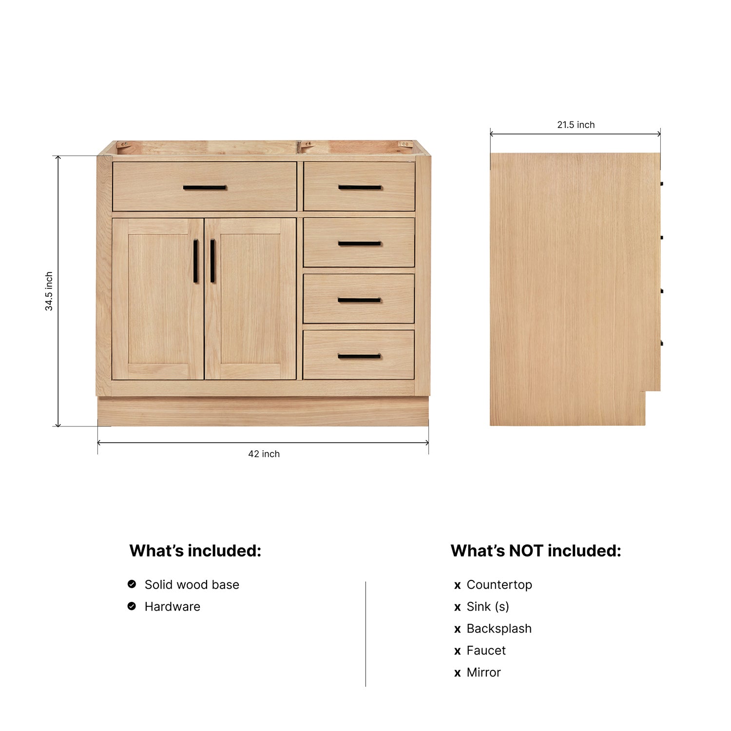 Isabella 42-inch White Oak base cabinet on dimensions
