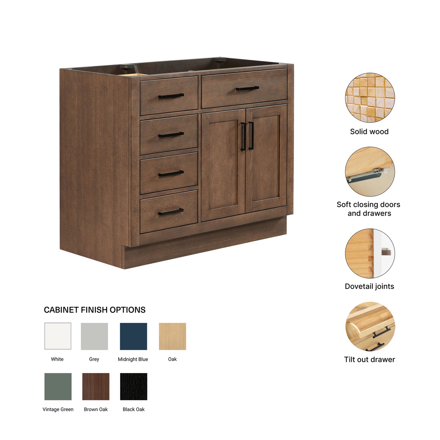 Isabella 42-inch Brown Oak base cabinet on feature highlights: solid wood frame, soft-close doors and drawers, Sherwin-Williams paint finish