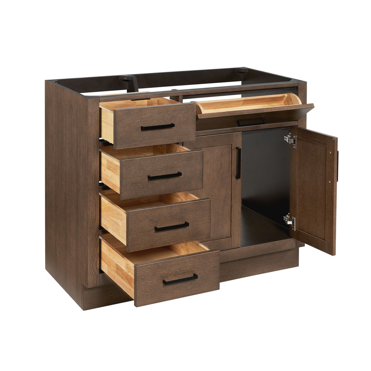 Isabella 42-inch Brown Oak base cabinet on white back ground side view open door