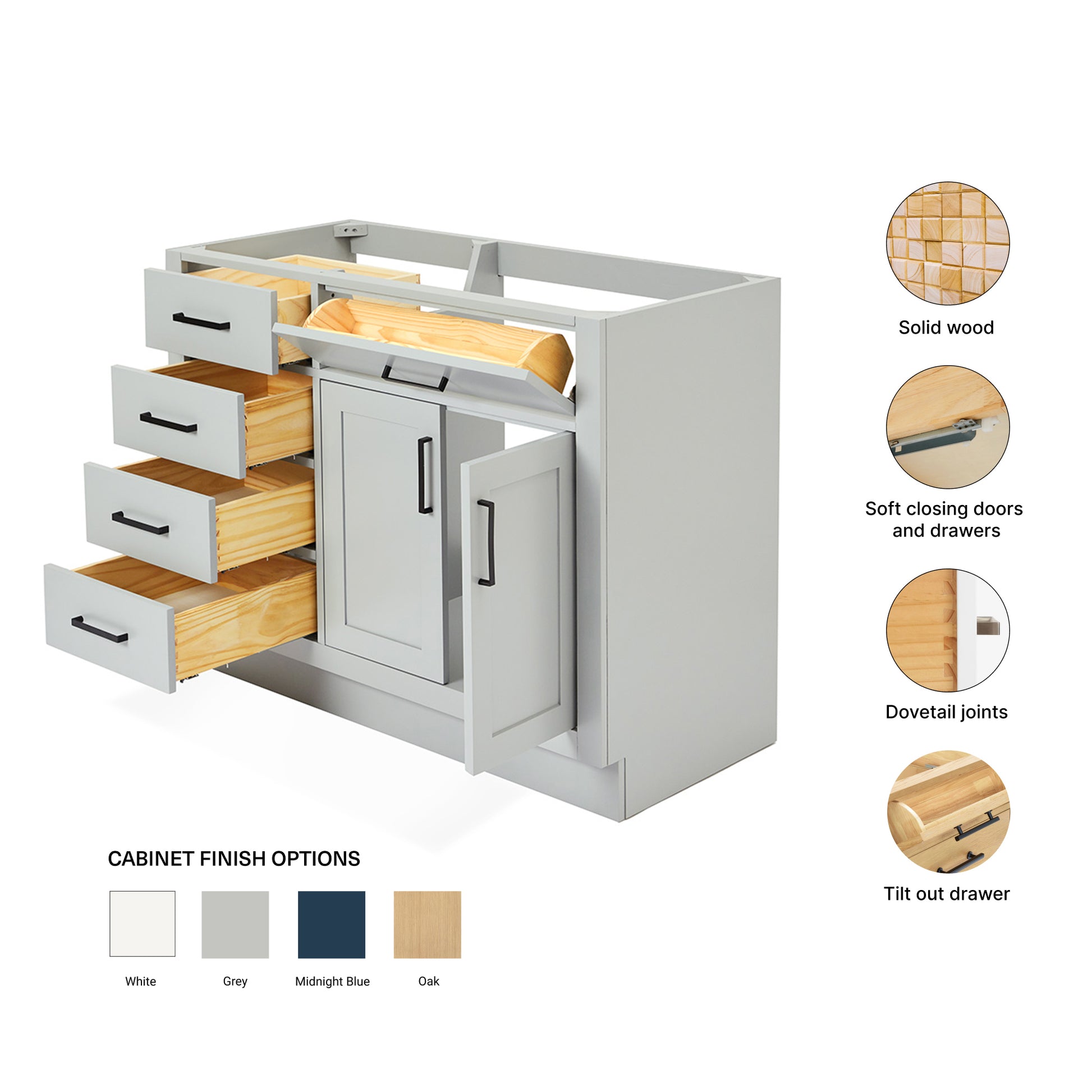 Isabella 42-inch Grey base cabinet on feature highlights: solid wood frame, soft-close doors and drawers, Sherwin-Williams paint finish