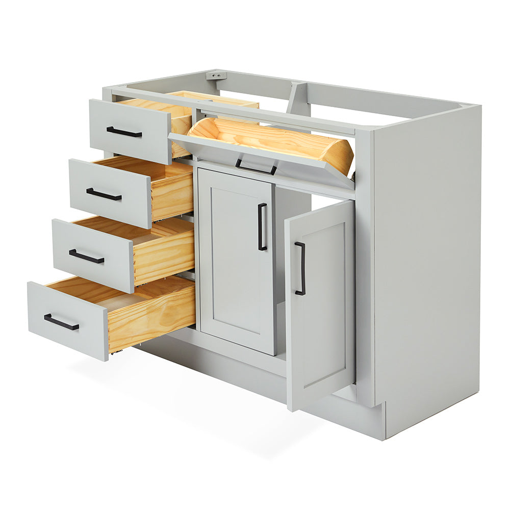 Isabella 42-inch Grey base cabinet on white back ground side view open door