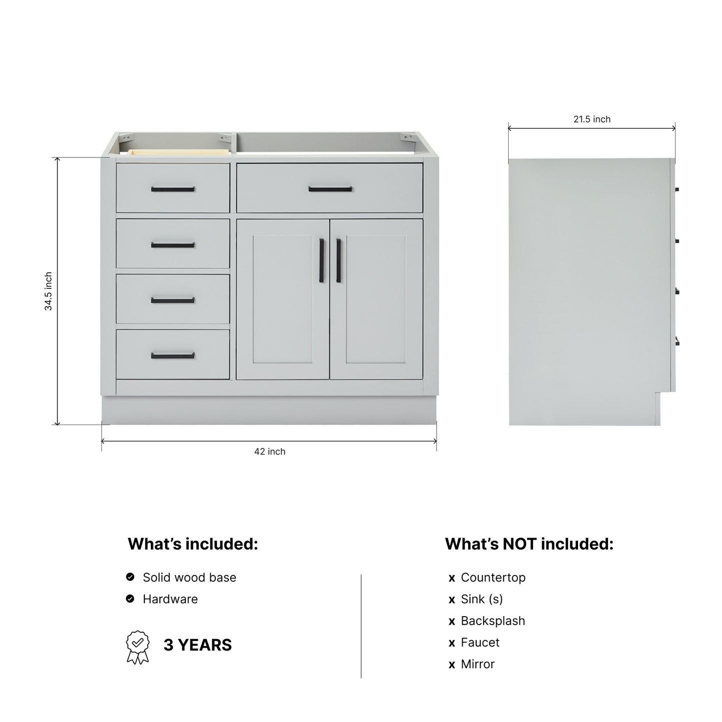 Isabella 42-inch Grey base cabinet on dimensions