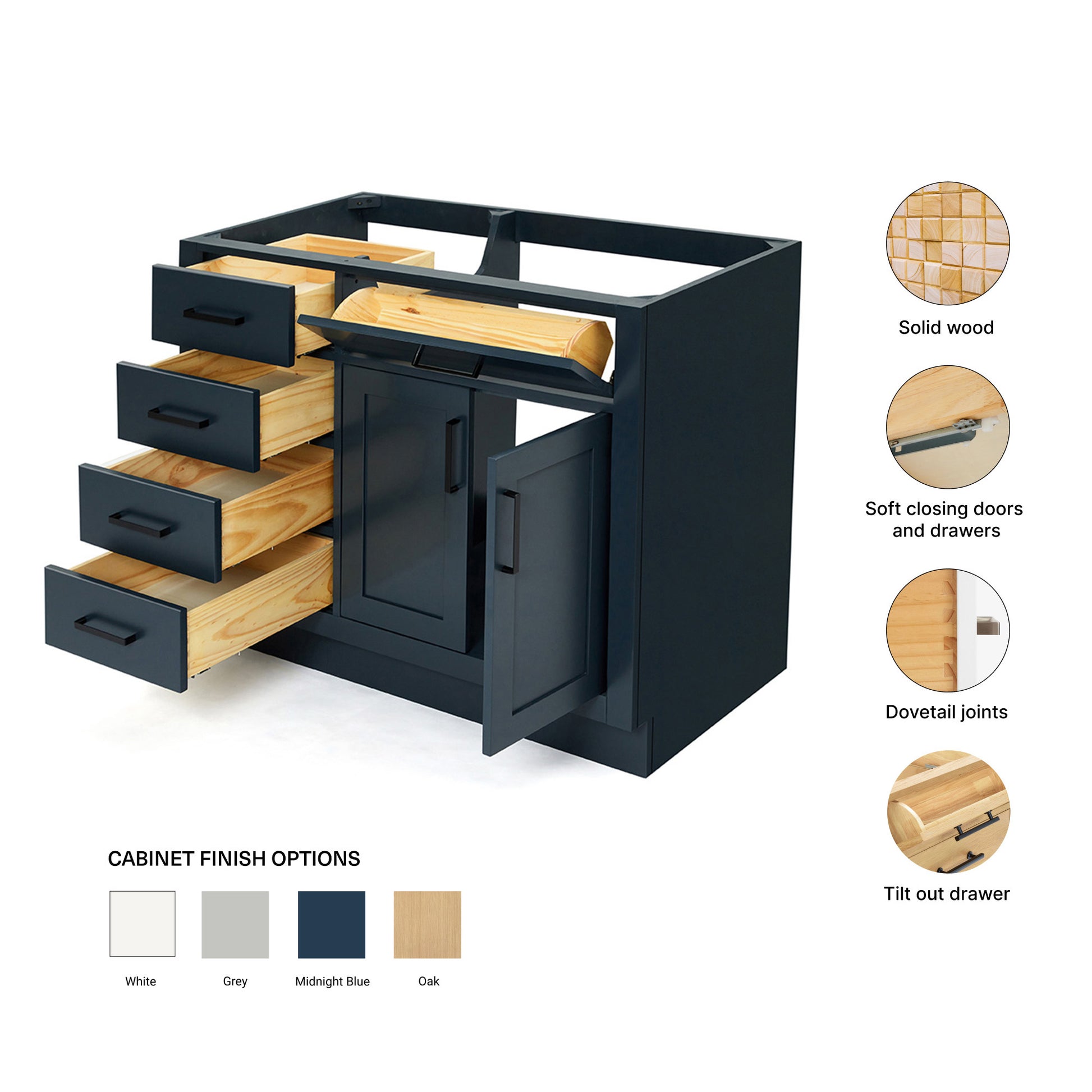 Isabella 42-inch Midnight Blue base cabinet on feature highlights: solid wood frame, soft-close doors and drawers, Sherwin-Williams paint finish