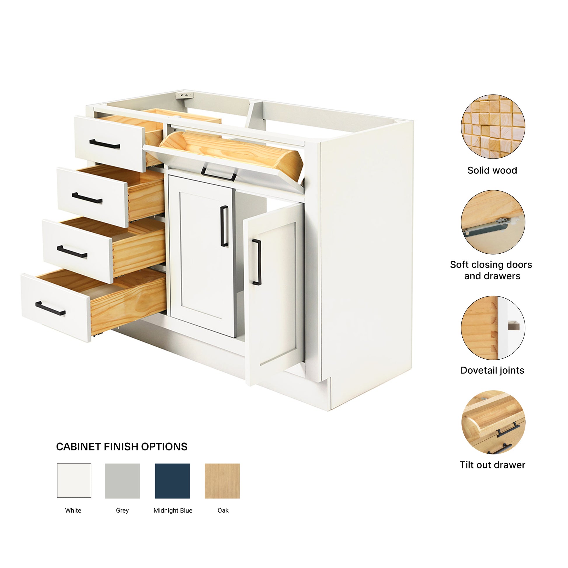 Isabella 42-inch White base cabinet on feature highlights: solid wood frame, soft-close doors and drawers, Sherwin-Williams paint finish