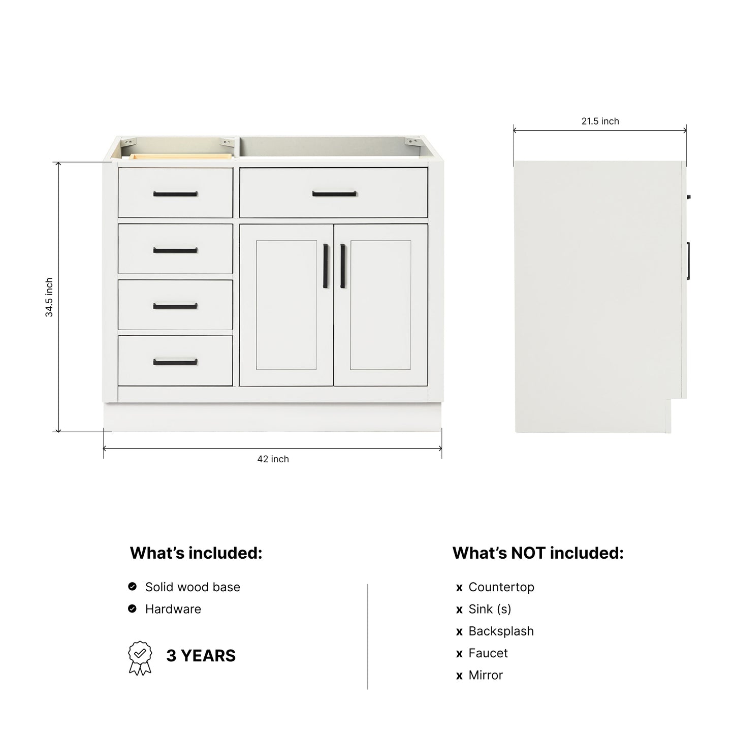 Isabella 42-inch White base cabinet on dimensions
