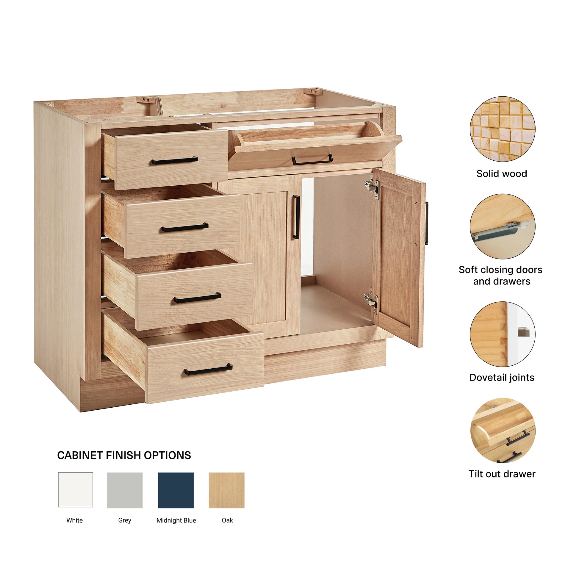 Isabella 42-inch Natural Oak base cabinet on feature highlights: solid wood frame, soft-close doors and drawers, Sherwin-Williams paint finish