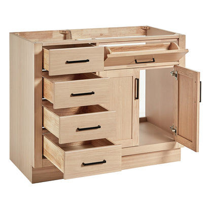 Isabella 42-inch Natural Oak base cabinet on white back ground side view open door