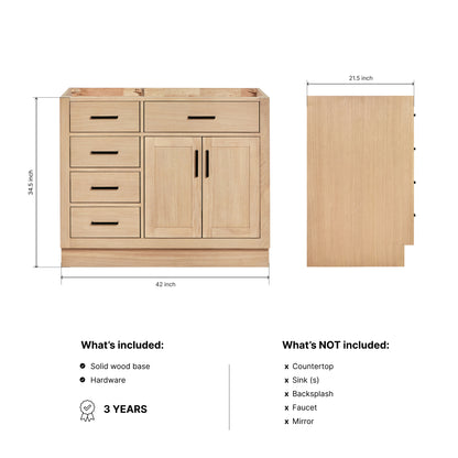 Isabella 42-inch Natural Oak base cabinet on dimensions